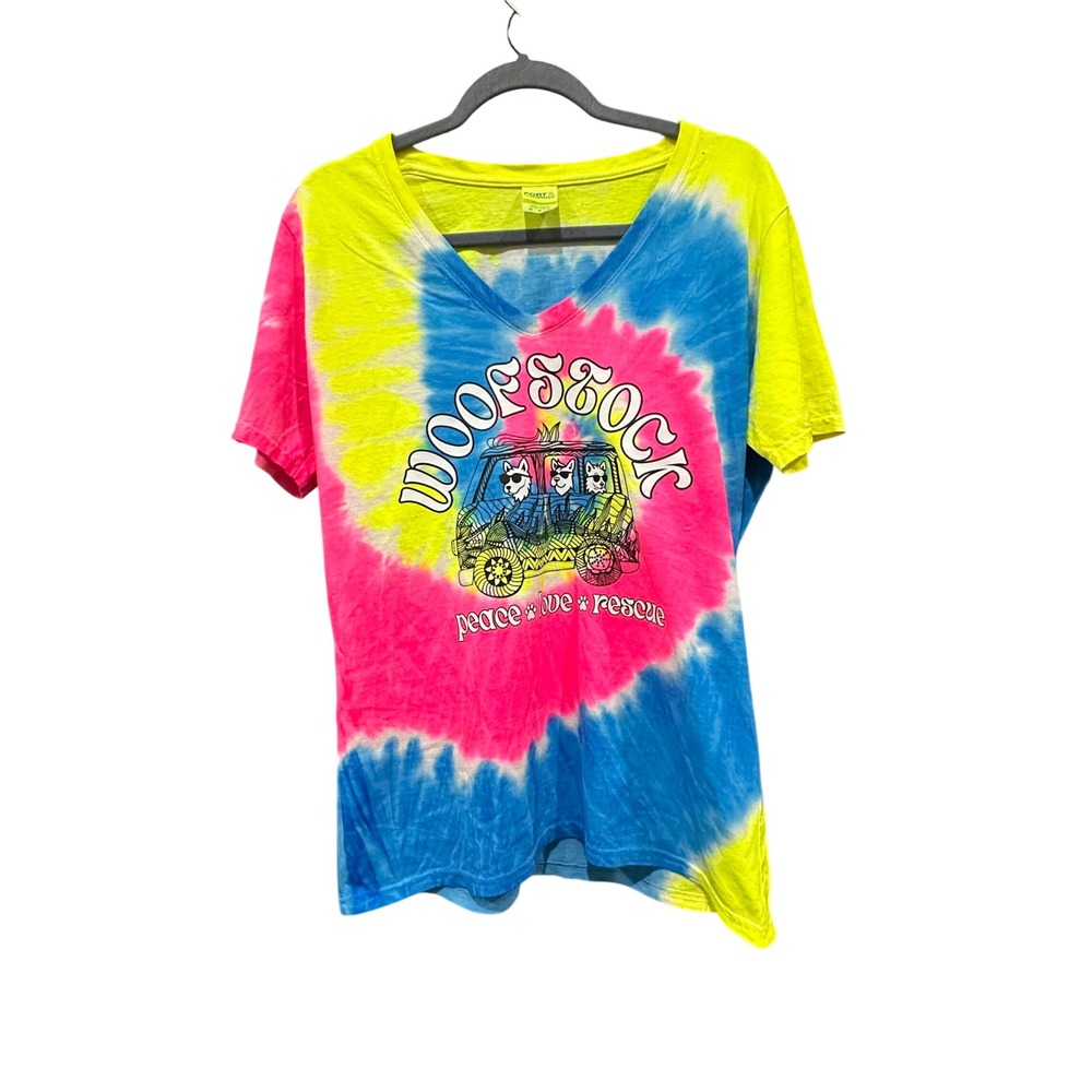 Woofstock Tie Dye T Shirt Peace Love Rescue Neon Spiral‎ Graphic Tee Size XL